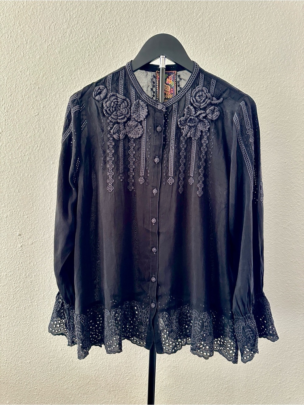 Johnny Was Katya Shirt Black Embroidery Crochet Flowers Flare Button Up sz Med - Picture 2 of 11